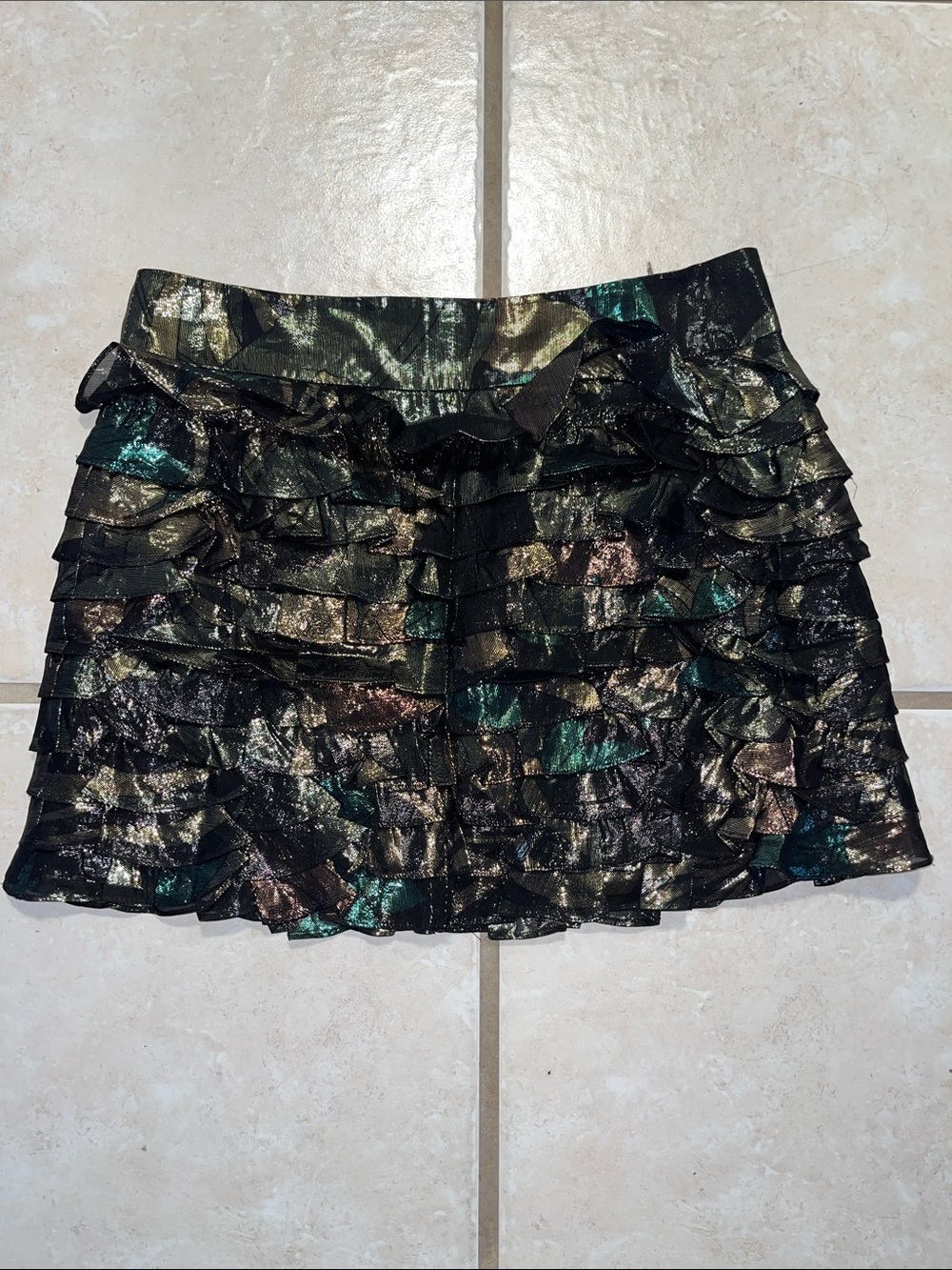 Marc by Marc Jacobs Black Metallic Ruffle Mini Skirt with Gold & Teal Accents